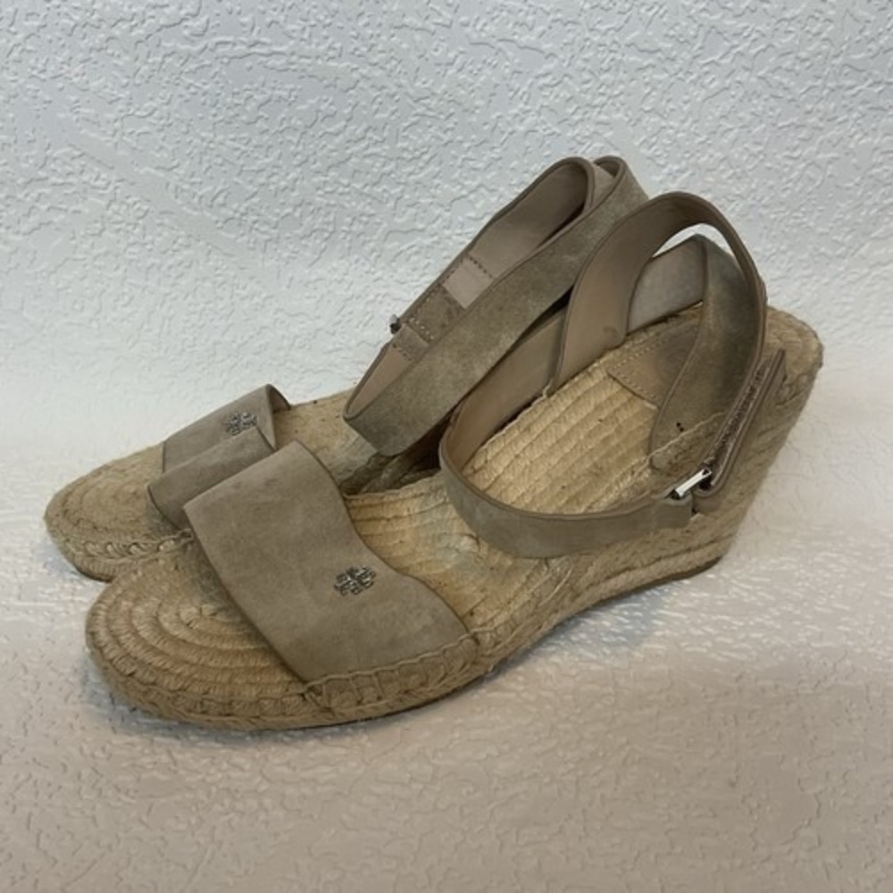 Tory Burch Bima‎ Tan Wedge Espadrille Ankle Strap Sandals Women 8 Spain Leather